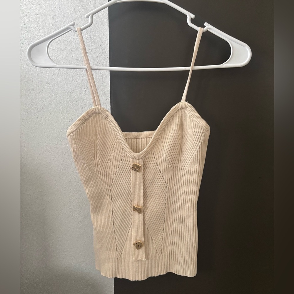 SHEIN Cream Ribbed Knit Bustier Cami Top with Gold Buttons - Size Small
